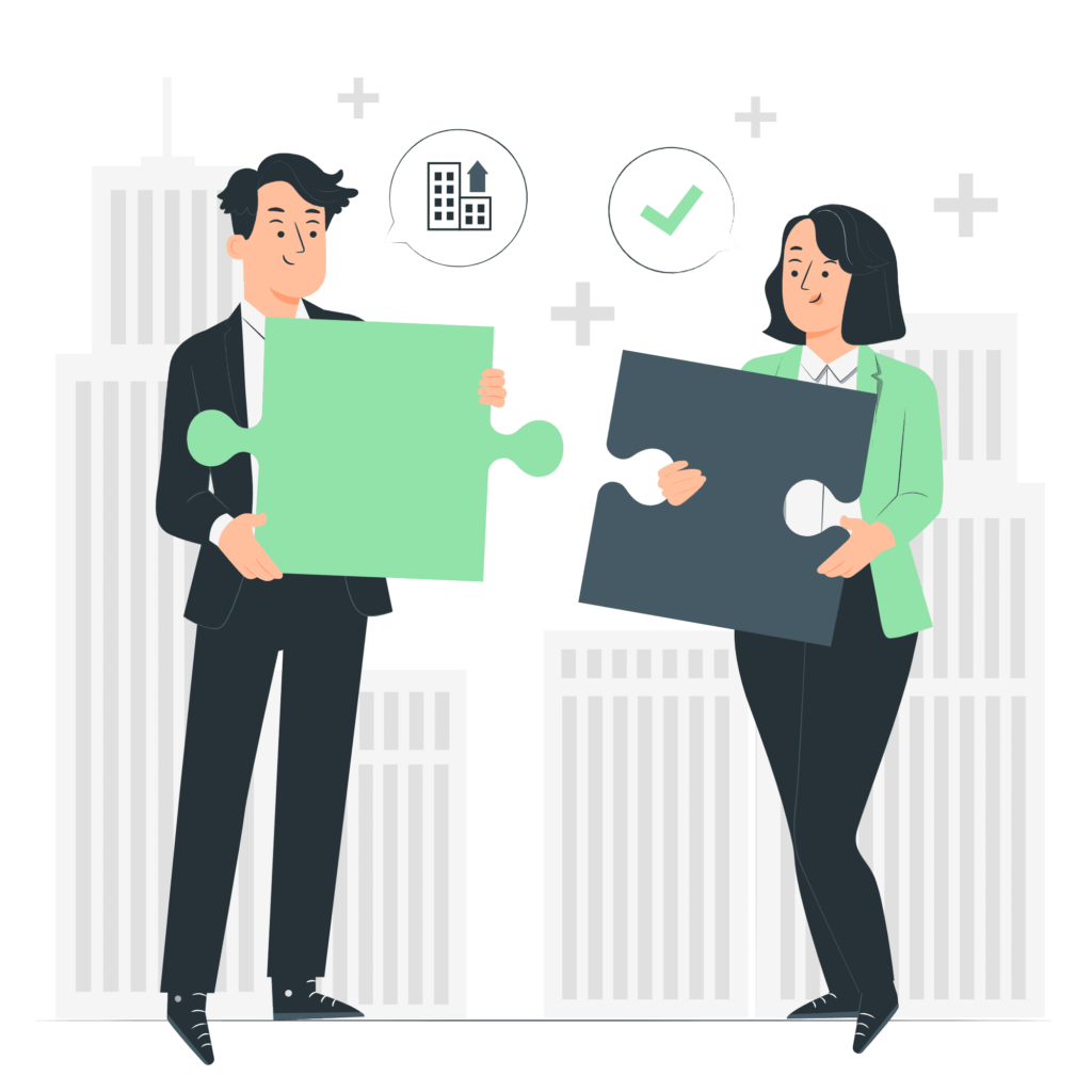 Illustration de la réorganisation d'entreprise avec deux professionnels assemblant des pièces de puzzle pour symboliser la collaboration et la restructuration