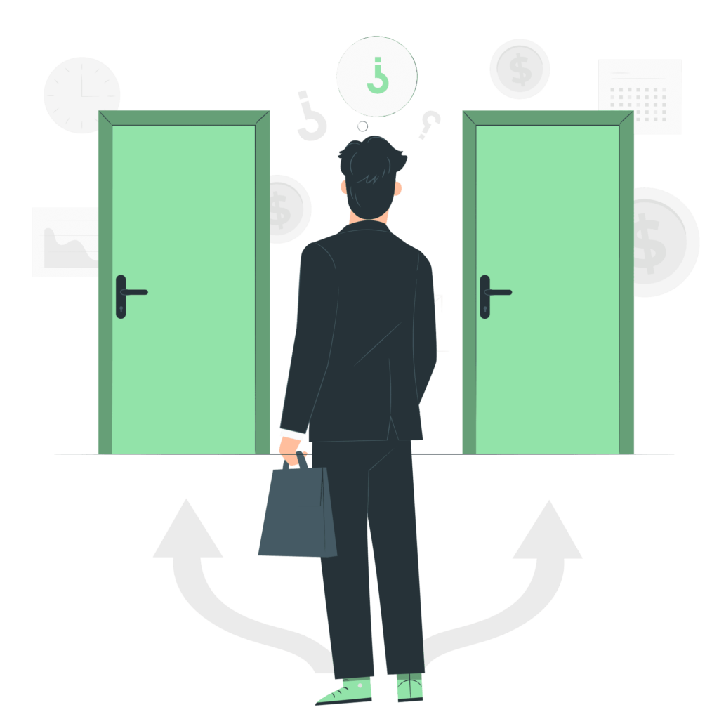 Un homme en costume fait face à deux portes, symbolisant un choix difficile. Les icônes d'interrogation et financières autour de lui représentent un besoin potentiel de soutien psychologique au travail, le stress et l'incertitude