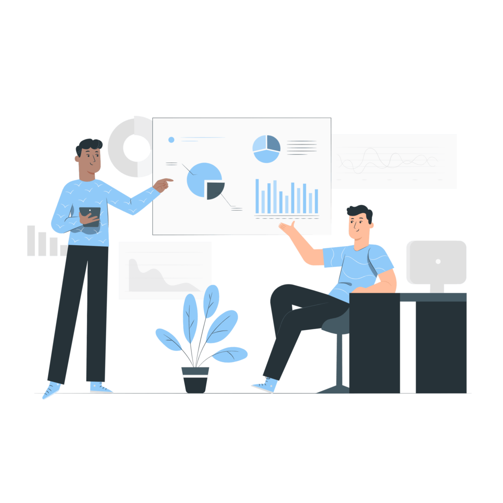 Illustration de collaborateurs analysant des données et discutant de graphiques dans une salle de réunion. Cette image souligne l'importance d'une collaboration saine et de la prévention du harcèlement au travail pour garantir un travail d'équipe efficace et respectueux