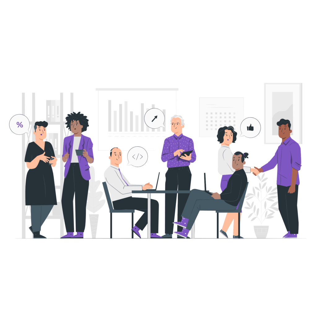 L'image illustre une équipe collaborative au sein d'une entreprise, mettant en avant des échanges et des analyses de données. Elle symbolise l'importance d'une communication fluide et d'une organisation structurée dans la gestion de crise pour assurer la continuité des activités et le bien-être des collaborateurs.