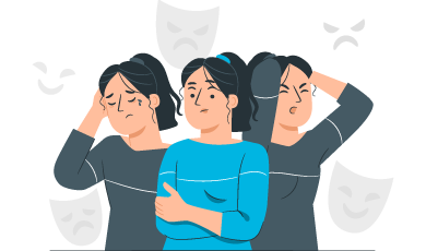 Une femme exprimant différentes émotions, entourée de masques illustrant les hauts et les bas émotionnels, symbolisant les défis émotionnels en gestion de crise.