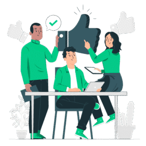 Trois collègues en réunion avec tablettes et ordinateur, icônes pouces levés en arrière-plan.