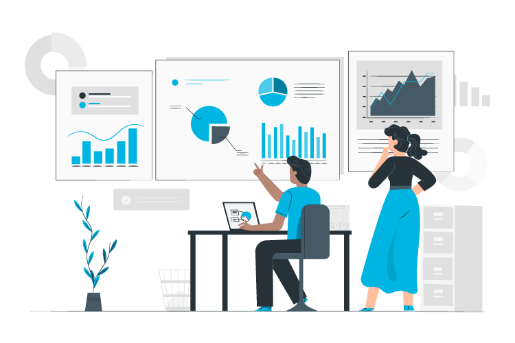Deux personnes analysent des graphiques et diagrammes de données affichés sur des écrans.
