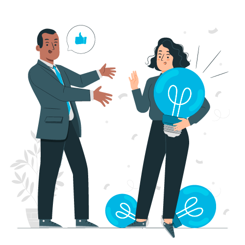 Homme en costume fait un geste d'approbation vers une femme tenant une grande ampoule bleue.