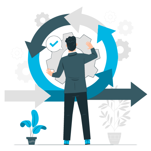 Homme en costume devant engrenages et flèches symbolisant un processus cyclique avec plantes en pot.