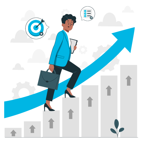 Femme d'affaires montant des barres en croissance, tenant mallette et tablette, icônes d'objectifs.