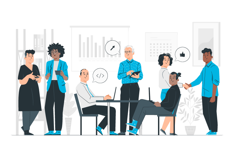 Six adultes en réunion collaborative avec ordinateurs, tablette et graphiques en arrière-plan.