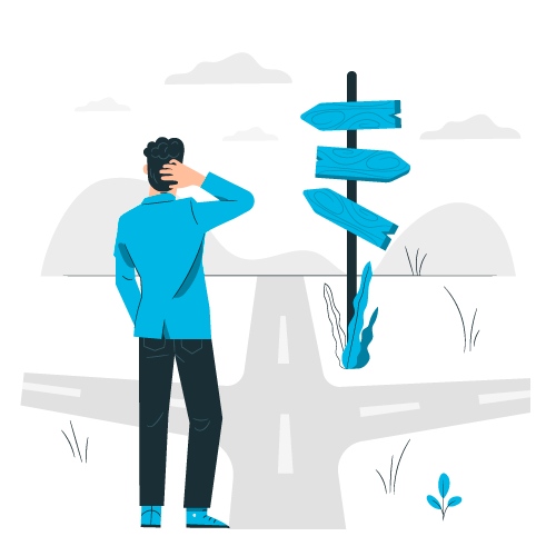 Homme en veste bleue réfléchissant devant une intersection avec panneaux directionnels sans indications.