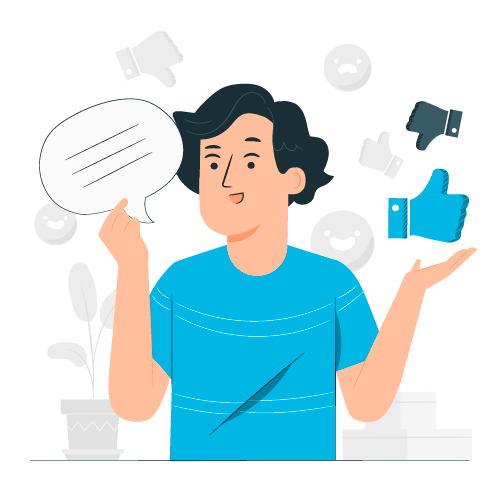 Homme avec bulle de dialogue entouré de symboles de pouces levés, baissés et émoticônes.