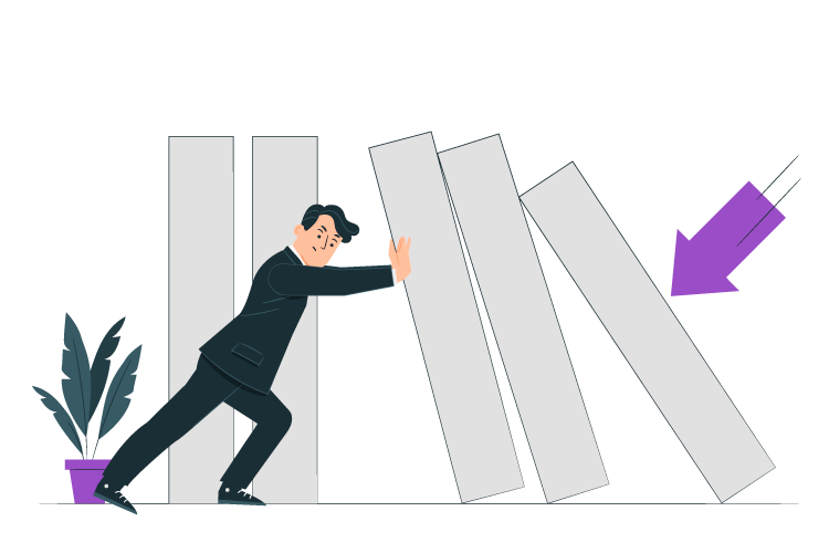 Homme en costume empêche des grandes cartes blanches de tomber, avec flèche violette pointant.