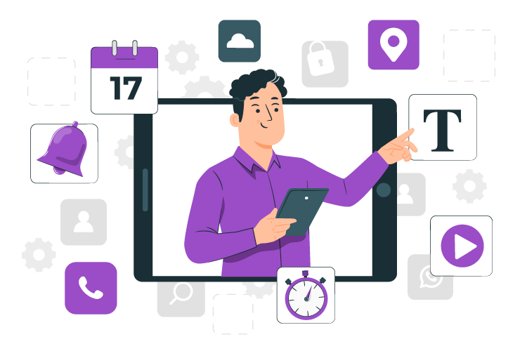 Homme avec tablette sur grand écran entouré d'icônes d'applications et fonctionnalités variées.