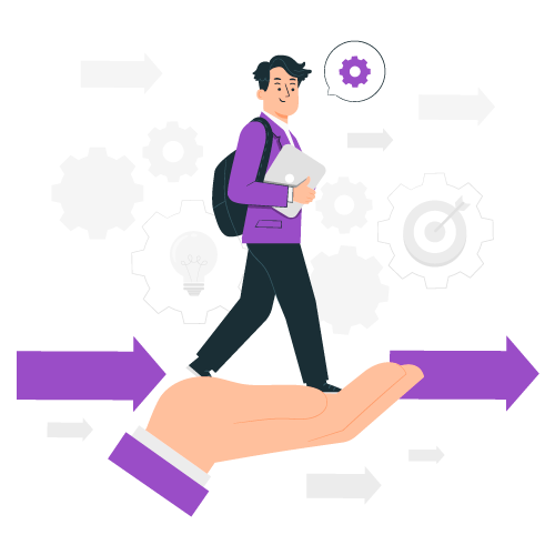 Homme marchant sur une main géante avec un ordinateur portable, entouré d'engrenages et flèches.