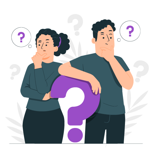 Un homme et une femme réfléchissent entourés de plusieurs points d'interrogation de différentes tailles.