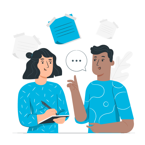 Deux personnes discutent avec des notes et des feuilles flottantes autour d'elles.