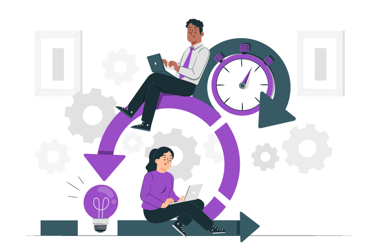 Deux personnes travaillent sur ordinateurs portables entourées d'engrenages, horloge et ampoule.