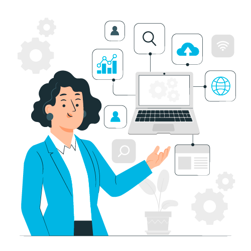 Personne en veste bleue présentant un ordinateur portable avec icônes de gestion et analyse de données numériques.