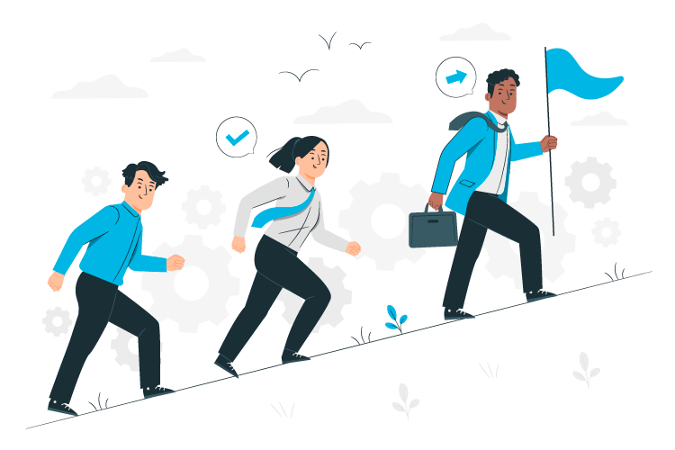 Trois professionnels montent une pente, un tient un drapeau bleu, engrenages en arrière-plan.