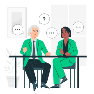 Deux personnes en costume vert discutent assises à une table avec des bulles de dialogue.