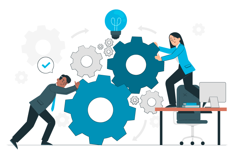 Deux personnes ajustent des engrenages avec une ampoule symbolisant l'innovation et le travail d'équipe.