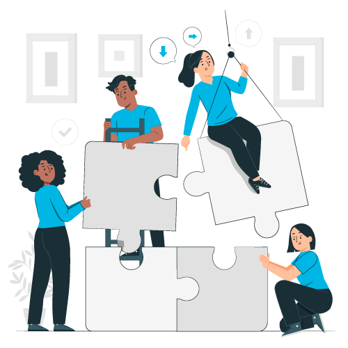 Quatre personnes assemblant de grandes pièces de puzzle blanches symbolisant le travail d'équipe.