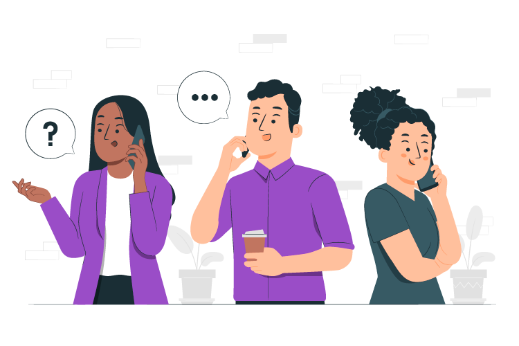 Trois personnes parlent au téléphone devant un mur en briques avec des plantes en pot.