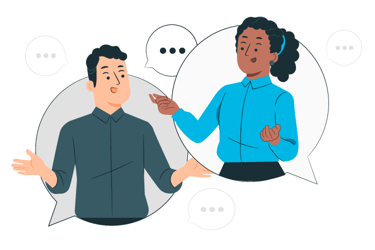 Deux personnes debout dans des bulles de dialogue avec des points de suspension symbolisant une conversation.