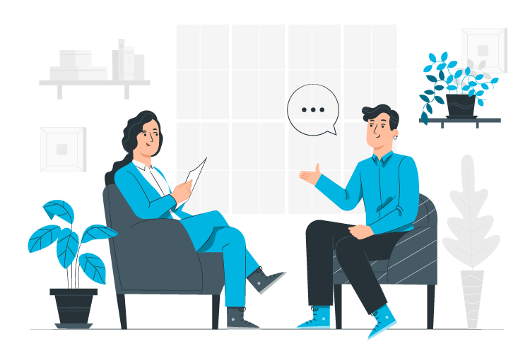 Deux personnes discutent assises dans un intérieur avec plantes, cadres et fenêtres.