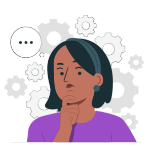 Femme réfléchissant avec main sur le menton, entourée d'engrenages et bulle de dialogue.