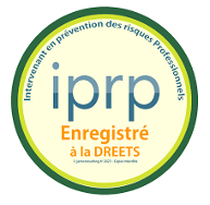 Logo avec texte Intervenant en prévention des risques Professionnels, iprp en bleu, Enregistré à la DREETS en orange, cercles verts.