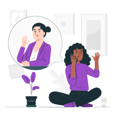 Personne assise en tailleur parlant au téléphone avec une bulle montrant une autre personne faisant signe de la main.